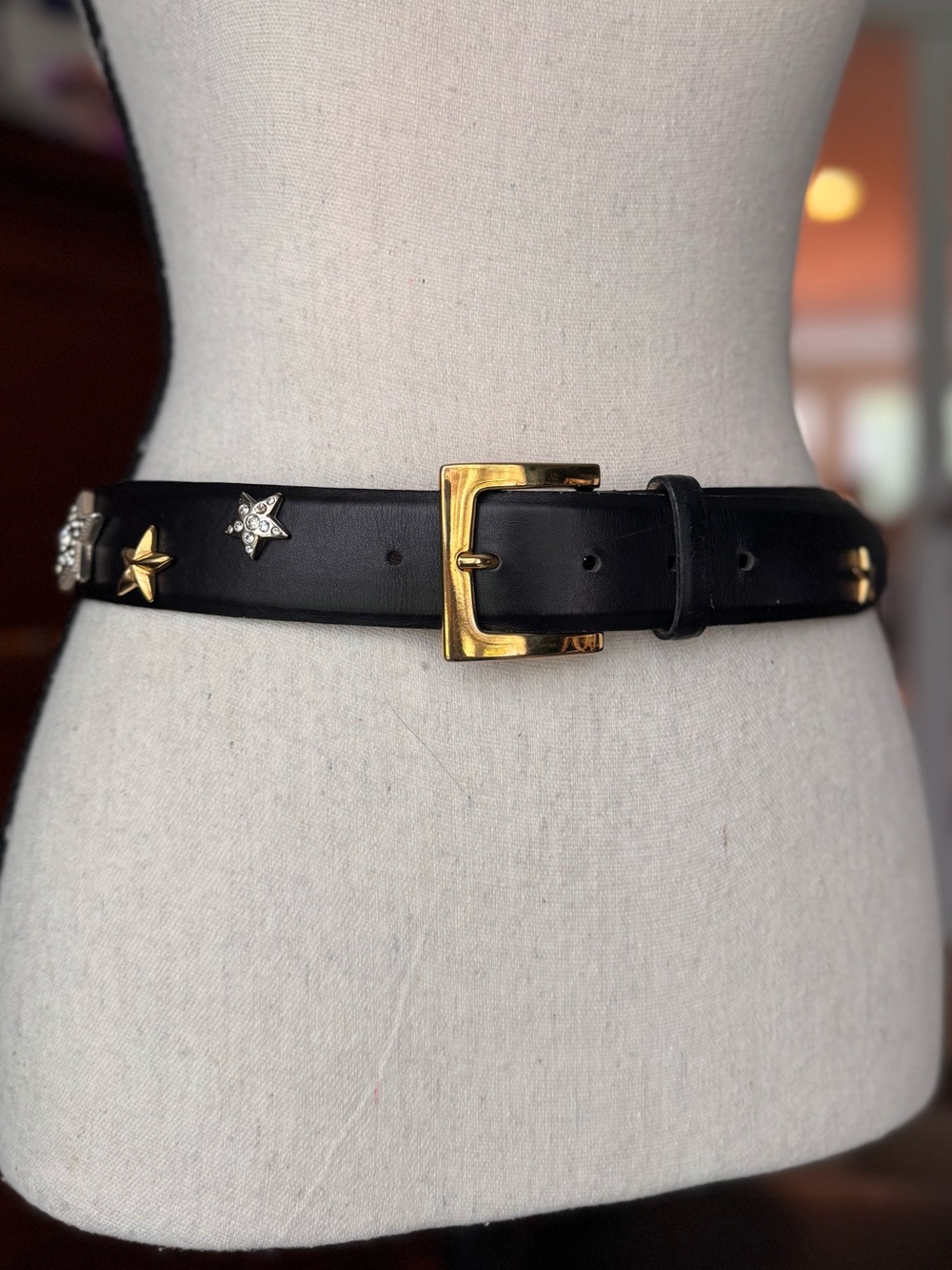 VTG Carlisle Black Leather Star Studded Belt S Gold Buckle Celestial 90’s Punk - Picture 2 of 16